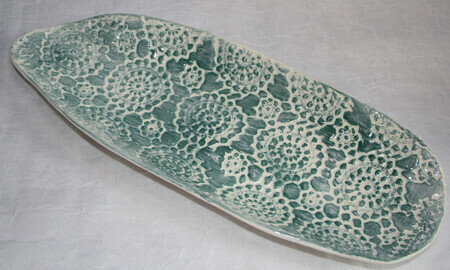 Oval lace platter - greenish blue. $35